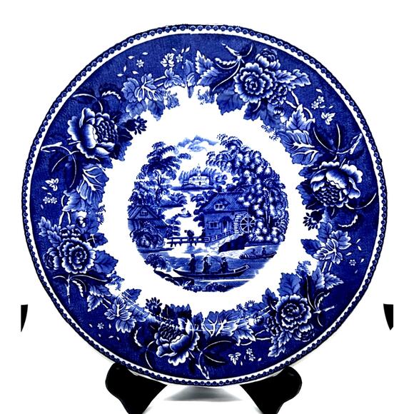 Vintage Arabia Finland Blue & White Windmill Man Fishing Scene Plate 10” - Picture 1 of 5